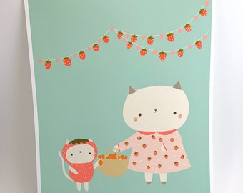 Kitties Attend the Strawberry Festival - Illustrated Art Print