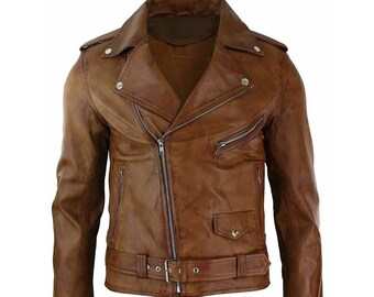 Chaqueta de moto de cuero auténtico marrón clásica vintage para hombre inspirada en Brando