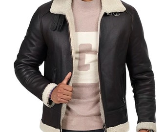 Men's Brown Aviator Leather Jacket with Shearling Collar Made from Genuine Sheepskin