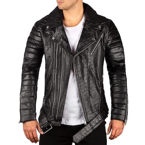 Blouson motard noir en peau de crocodile pour hommes, veste en cuir de vachette véritable à imprimé croco