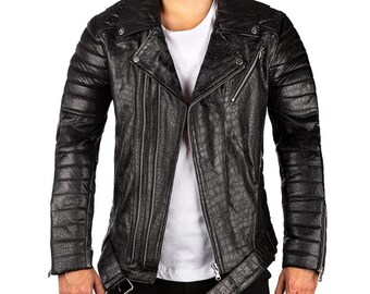 Men's Black Crocodile Print Cowhide Leather Biker Jacket