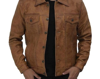 Chaqueta estilo camionero vintage de piel de oveja marrón para hombre