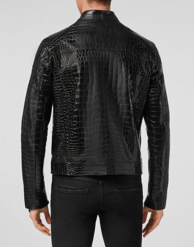 Crocodile Skin Biker Leather Jacket for Men Back