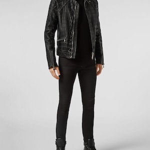 Crocodile Skin Biker Leather Jacket for Men zipper open