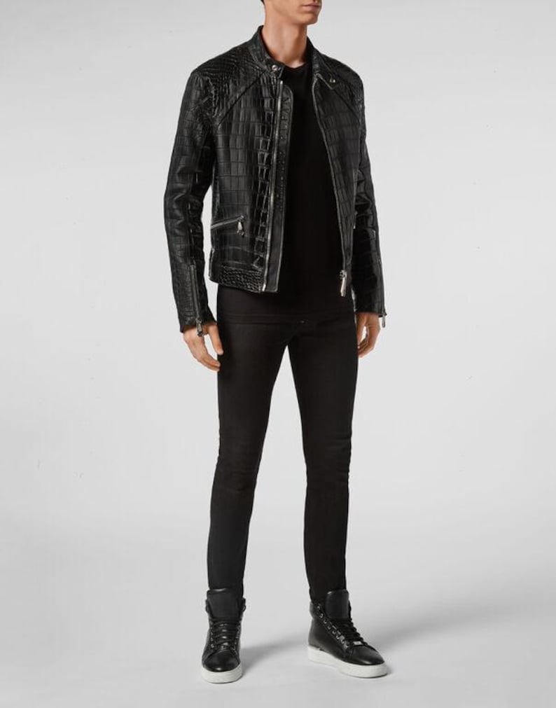 Crocodile Skin Biker Leather Jacket for Men zipper open