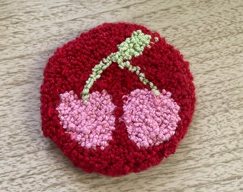 Cherry Mug Rug Coaster Punch Needle