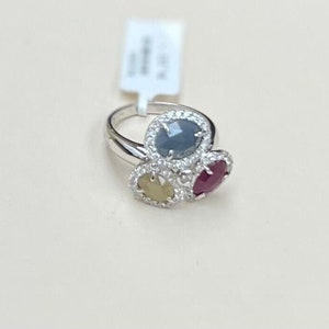 14K White Gold Natural Slice Sapphire and Ruby Ring with Round Diamonds