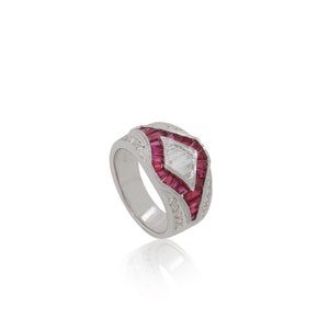 Ruby and Diamond Baguette Diamond Ring 18K White Gold