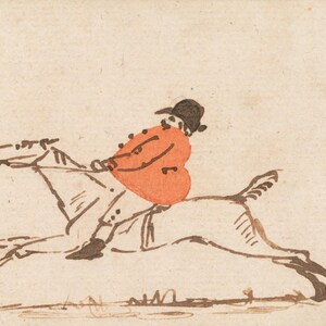 Joseph Crawhall Cavallo e cavaliere: un robusto cacciatore su un cavallo al galoppo. Dipinto d'epoca di caccia alla volpe. Stampa su tela. Carta ruvida.