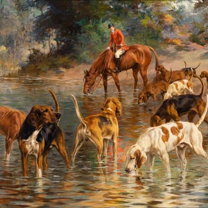 Percival Leonard Rosseau A Moment's Rest - Foxhounds at a Ford, 1926 Dipinto Poster Stampa su tela Carta fotografica strutturata