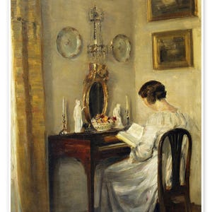 Woman reading a spinet print by Carl Holsøe Painting Poster Canvas Print Textured Photo Paper