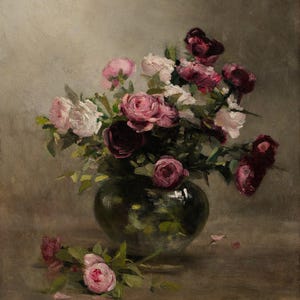 Póster de la pintura "Jarrón de rosas" de Eva Gonzales, impresión en lienzo, papel fotográfico texturizado.