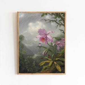 Hummingbird Perched on the Orchid Plant by Martin Johnson Heade Painting Poster Canvas print Textured Photo Paper