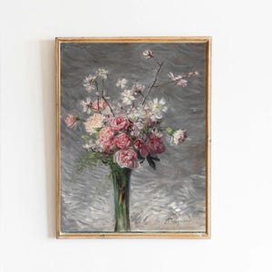 Bertha Wegmann, Opstilling med lyserøde roser, nelliker og blomstrende kirsebærgrene i en vase pintura cartel lienzo impresión papel texturizado