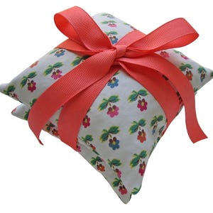 Stacked Lavender Sachet Pair, Vintage Fabric Tied with Coral Grosgrain Ribbon