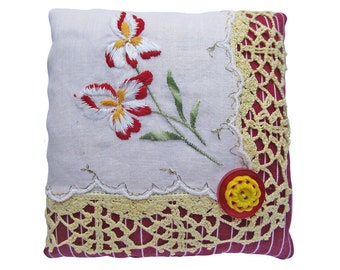 Burgundy Iris Embroidered Vintage Handkerchief Lavender Sachet, 4.5" Square
