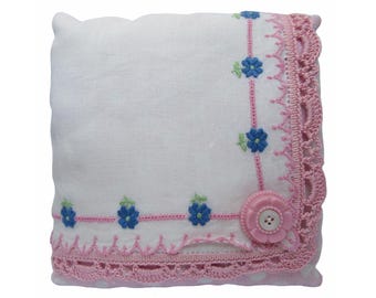 Pañuelo vintage en bolsita: Floral rosa y azul