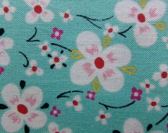 White Floral on Turquoise Cotton Quilting Fabric, 45" x 1 Yard
