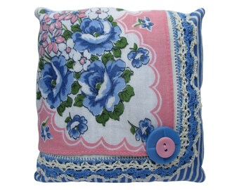 Pañuelo vintage de rosas azules con bolsita de lavanda, cuadrado de 11,4 cm
