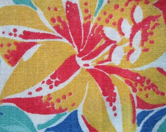 Impresión de saco de pienso vintage con borde de lirios tigres y borlas azules, 95 x 86 cm