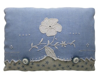 Embroidered Blue & White Floral Vintage Handkerchief Lavender Sachet, 4.5" x 6.5"