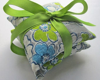 Stacked Lavender Sachet Pair, Vintage Fabric Tied with Green Grosgrain Ribbon