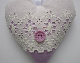 Lavender Sachet Heart with Hanging Ribbon, Vintage White Eyelet on Purple