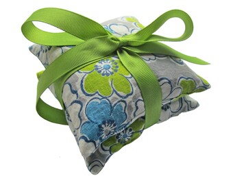 Stacked Lavender Sachet Pair, Vintage Fabric Tied with Green Grosgrain Ribbon