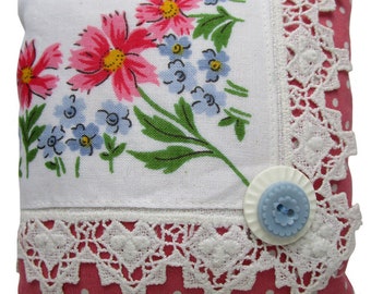 Vintage Handkerchief Lavender Sachet, Pink + Blue Floral, 4.5" Square