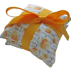 Stacked Lavender Sachet Pair, Vintage Fabric Tied with Yellow-Orange Grosgrain Ribbon