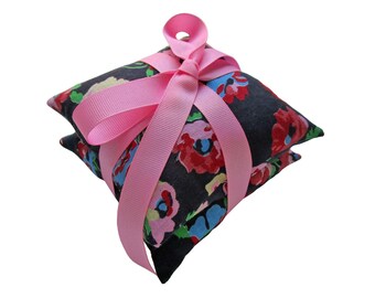 Stacked Lavender Sachet Pair, Vintage Fabric Tied with Pink Grosgrain Ribbon