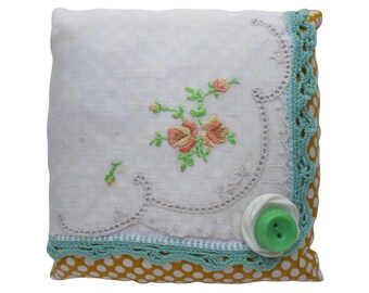 Pañuelo vintage de rosa amarilla con bolsita de lavanda, cuadrado de 11,4 cm