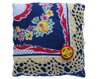 Red and Yellow Floral Vintage Handkerchief Lavender Sachet, 4.5" Square