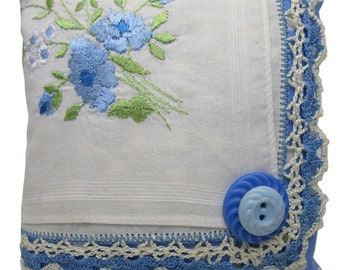 Vintage Handkerchief Lavender Sachet, Blue Floral, 4.5" Square