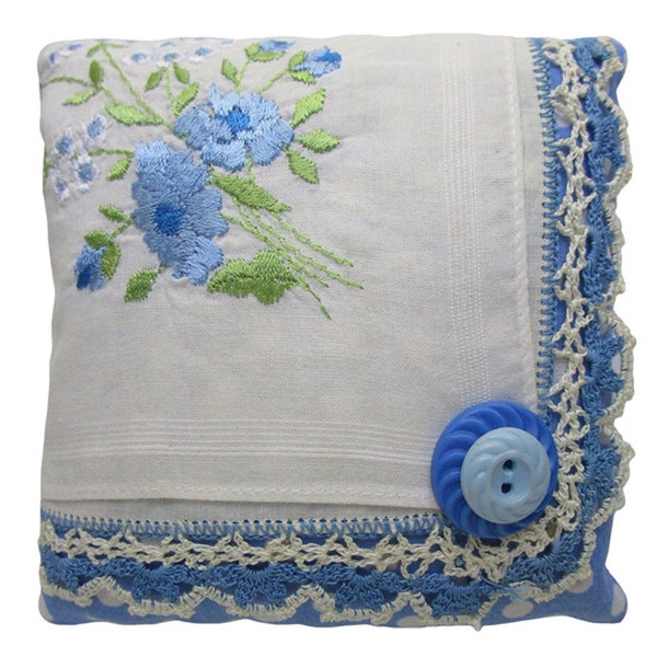 Vintage Handkerchief Lavender Sachet, Blue Floral, 4.5" Square