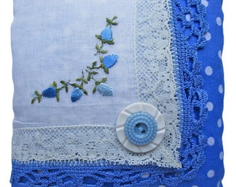 Vintage Handkerchief Lavender Sachet, Embroidered Blue Floral, 4.5" Square