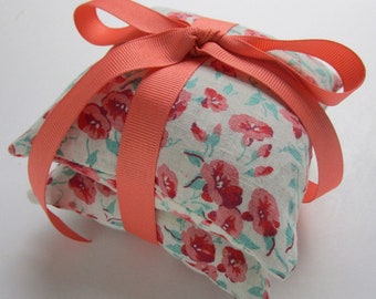 Stacked Lavender Sachet Pair, Vintage Fabric Tied with Coral Grosgrain Ribbon