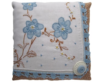 Vintage Handkerchief Lavender Sachet, Appliqued and Embroidered Flowers, 6&quot; Square