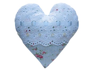 Lavender Sachet Heart with Vintage Eyelet, Fabric, Ribbon, and Buttons—6.5&quot;