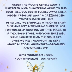 May include: A whimsical tooth fairy letter addressed to Mabel, with a fairy illustration. The text includes phrases like "shimmering wings," "hidden treasure," and "dream big." The background is a gradient of blue and purple with star accents.