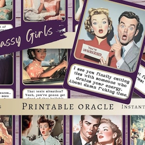 Baralho de cartas de oráculo imprimível com palavrões femininos estilo anos 1950 - 40 mensagens digitais de adivinhação - uso pessoal