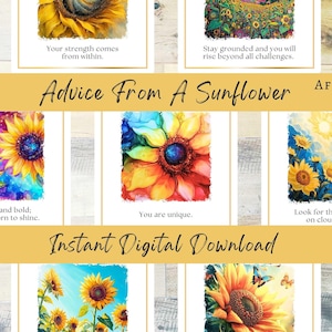 Consejos de un girasol, baraja de cartas de afirmación imprimible, descarga digital instantánea, girasol, mentalidad positiva, amor propio, regalo para ella