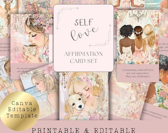 Self-Love: Positive Affirmation Cards, Oracle Card Template, Customizable Card Deck, Canva