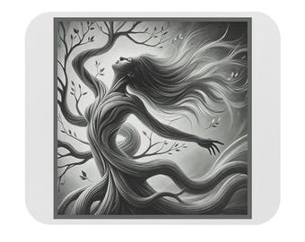 Enchanted Tree Woman Mouse Pad: Artistic Black and White Desk Decor