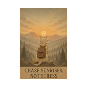 May include: A poster depicting a cat with a backpack, sat on a rock, overlooking a mountain range at sunset. The cat is pale, and the backpack is brown. The text at the bottom reads "CHASE SUNRISES, NOT STRESS."
