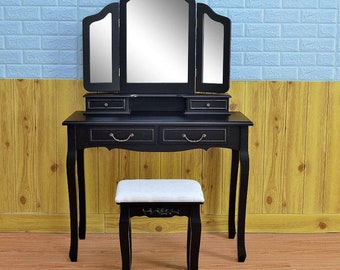 Tri-fold Black Mirror Dresser with Dressing Stool,Elegant, protective curves on the bottom of the drawers