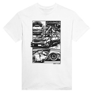 May include: A white t-shirt featuring a black and white illustration of a Subaru Impreza WRX STI. The illustration is divided into four panels, each showcasing a different angle of the car. The text "DRIFT CLUB" is printed beneath the illustration.