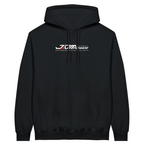 May include: Black hooded sweatshirt with a kangaroo pocket and drawstring. The front displays a white and red logo with the text "JDM POWER PERFORMANCE ENGINE ING PARTS". A casual, comfortable garment.