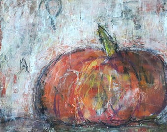 Original Pumpkin Painting or Tomato Painting on Paper, Rustic Kitchen Art, Signed Mixed Media – Bounty Series, Before the Burn Pile