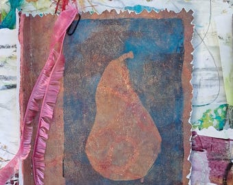 Cartella di materiali effimeri fatti a mano: tonalità autunnali della terra, pera botanica, stampa a gel per collage (6x9)